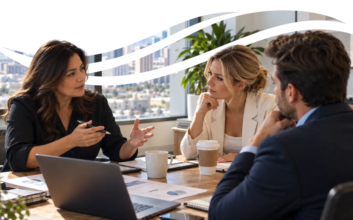 A consultant walks two business leaders through a growth plan at a meeting table.