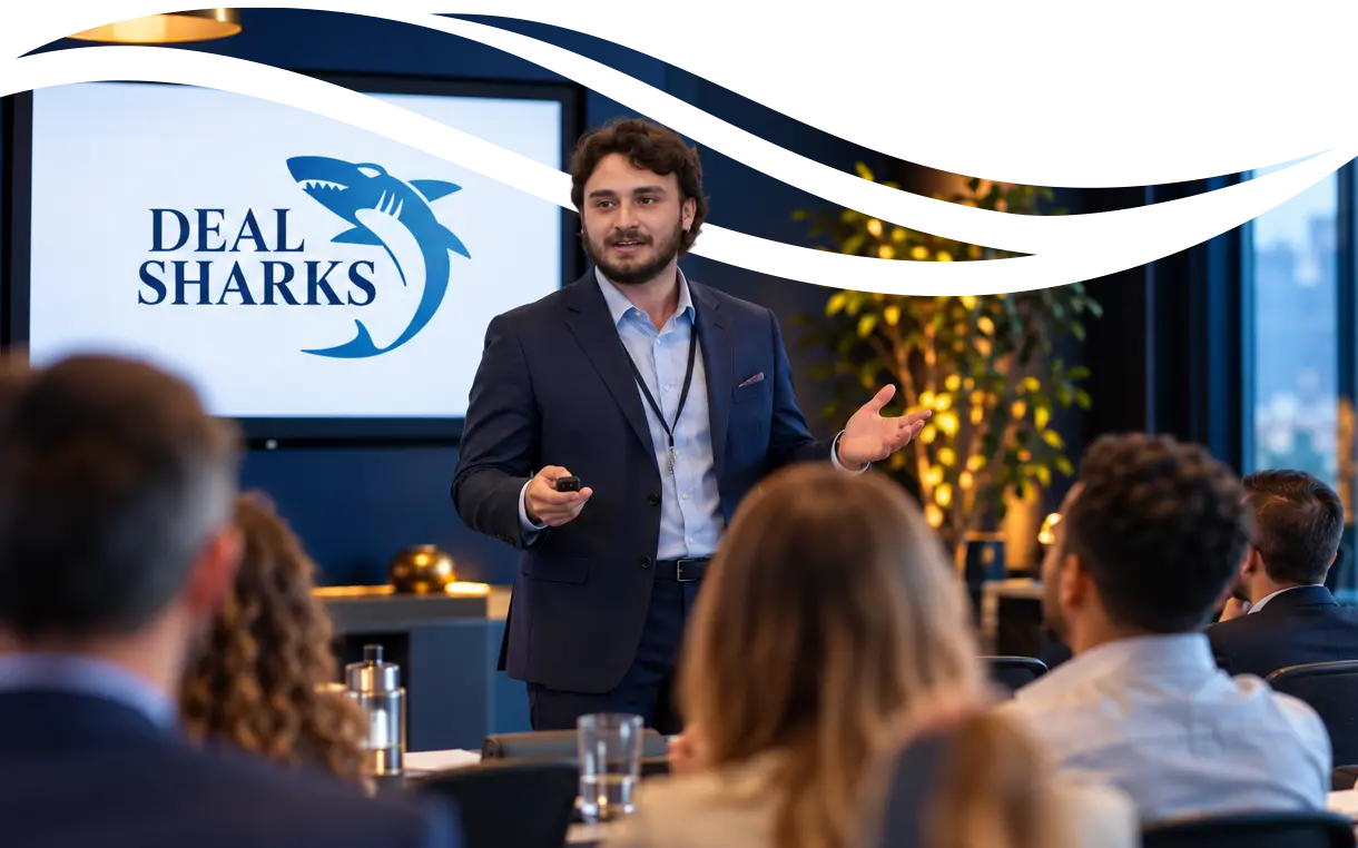 A Deal Sharks trainer leads a sales workshop in front of a room of professionals.